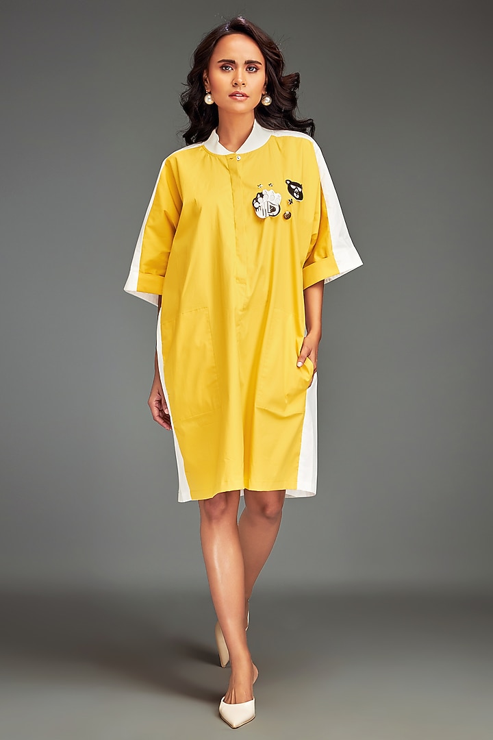 Yellow Cotton Metallic Embellished Color-Blocked Midi Summer Dress by Deepika Arora at Pernia's Pop Up Shop