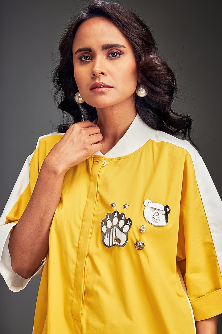 Yellow Cotton Metallic Embellished Color-Blocked Midi Summer Dress by Deepika Arora at Pernia's Pop Up Shop