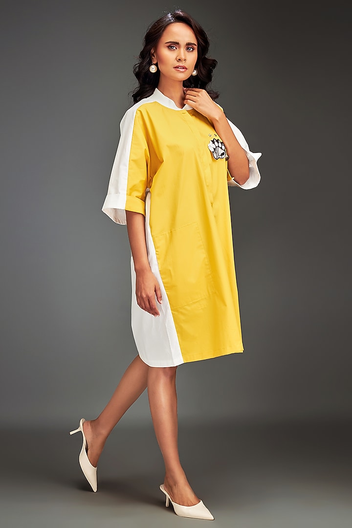 Yellow Cotton Metallic Embellished Color-Blocked Midi Summer Dress by Deepika Arora at Pernia's Pop Up Shop