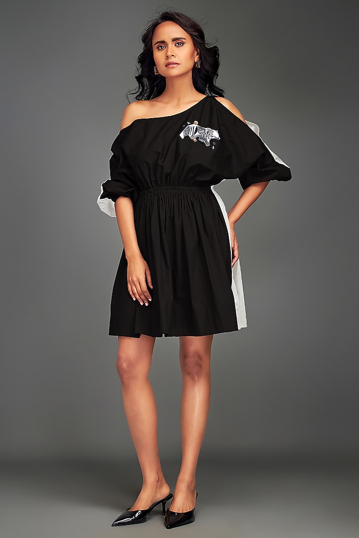 Black Cotton Metallic Embellished One-Shoulder Summer Dress by Deepika Arora at Pernia's Pop Up Shop