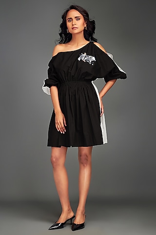 Black Cotton Metallic Embellished One-Shoulder Dress by Deepika Arora