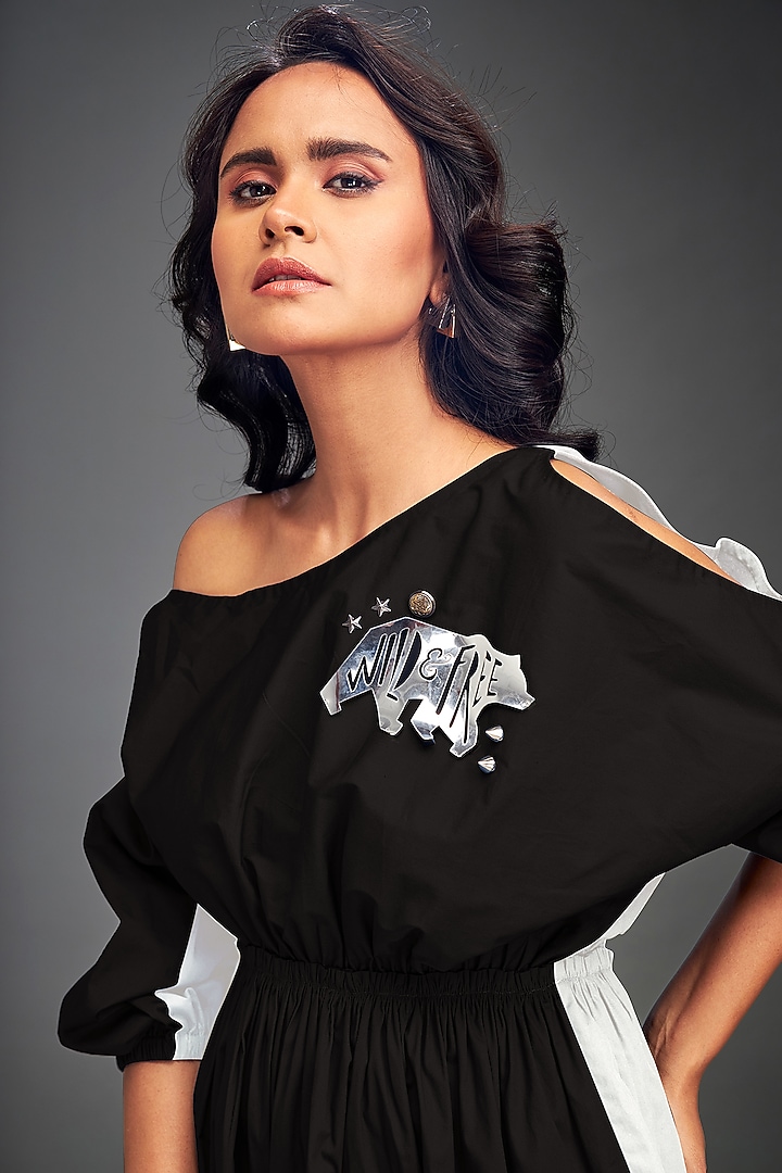 Black Cotton Metallic Embellished One-Shoulder Summer Dress by Deepika Arora at Pernia's Pop Up Shop