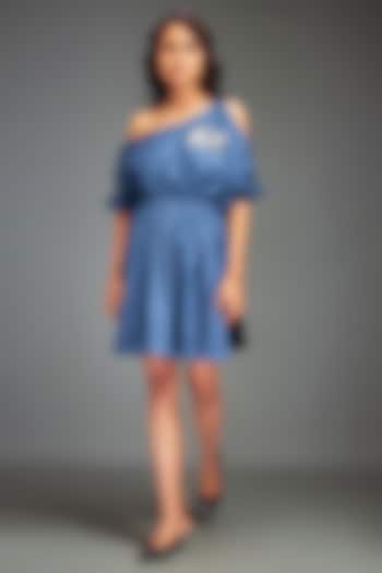 Blue Cotton Metallic Embellished One-Shoulder Summer Dress by Deepika Arora at Pernia's Pop Up Shop