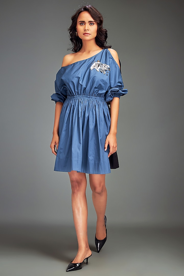 Blue Cotton Metallic Embellished One-Shoulder Summer Dress by Deepika Arora at Pernia's Pop Up Shop