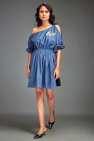 Blue Cotton Metallic Embellished One-Shoulder Dress by Deepika Arora