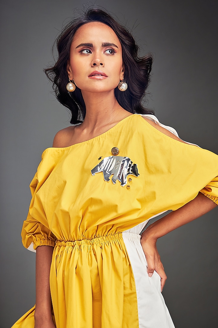 Yellow Cotton Metallic Embellished One-Shoulder Summer Dress by Deepika Arora at Pernia's Pop Up Shop