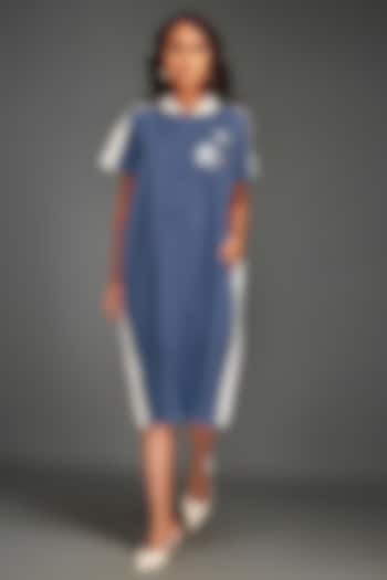 Blue Cotton Metallic Embellished Color-Blocked Midi Summer Dress by Deepika Arora at Pernia's Pop Up Shop