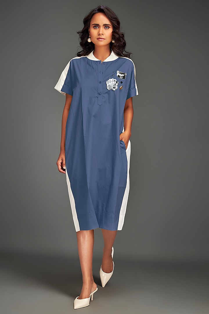 Blue Cotton Metallic Embellished Color-Blocked Midi Summer Dress by Deepika Arora at Pernia's Pop Up Shop