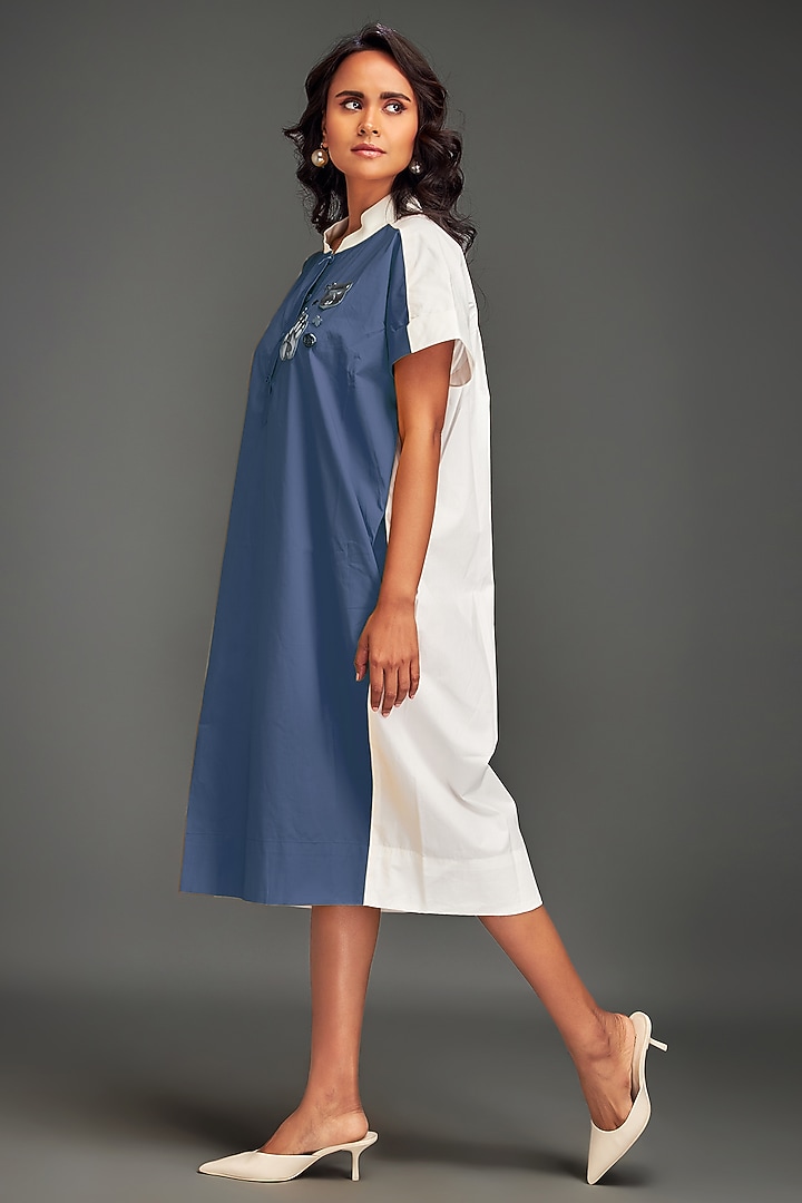 Blue Cotton Metallic Embellished Color-Blocked Midi Summer Dress by Deepika Arora at Pernia's Pop Up Shop