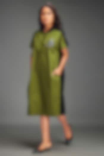 Green Cotton Metallic Embellished Color-Blocked Midi Summer Dress by Deepika Arora at Pernia's Pop Up Shop