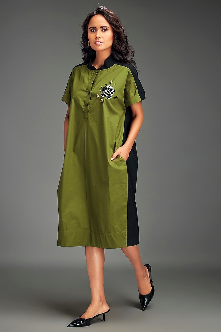 Green Cotton Metallic Embellished Color-Blocked Midi Summer Dress by Deepika Arora at Pernia's Pop Up Shop