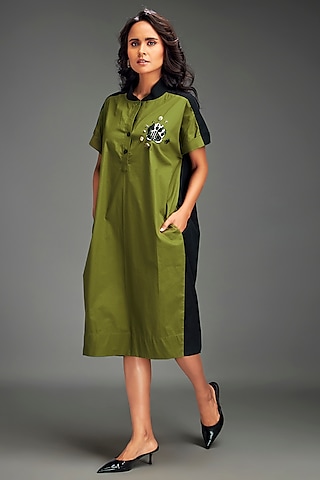 Green Cotton Metallic Embellished Color-Blocked Midi Dress by Deepika Arora