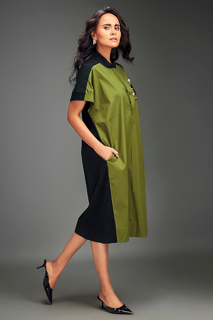 Green Cotton Metallic Embellished Color-Blocked Midi Summer Dress by Deepika Arora at Pernia's Pop Up Shop