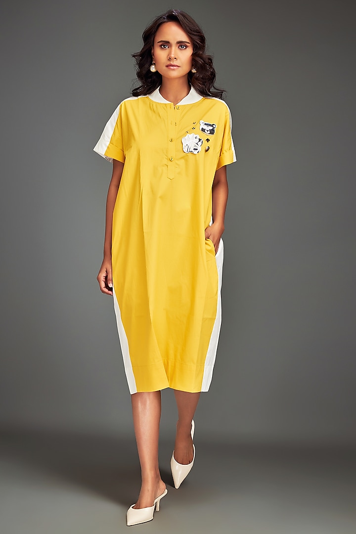 Yellow Cotton Metallic Embellished Color-Blocked Midi Summer Dress by Deepika Arora at Pernia's Pop Up Shop