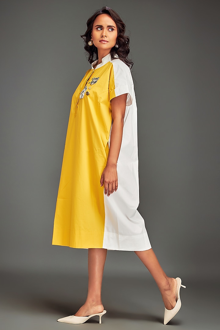 Yellow Cotton Metallic Embellished Color-Blocked Midi Summer Dress by Deepika Arora at Pernia's Pop Up Shop