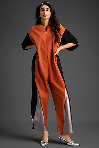 Rust Cotton Color-Blocked Jumpsuit by Deepika Arora