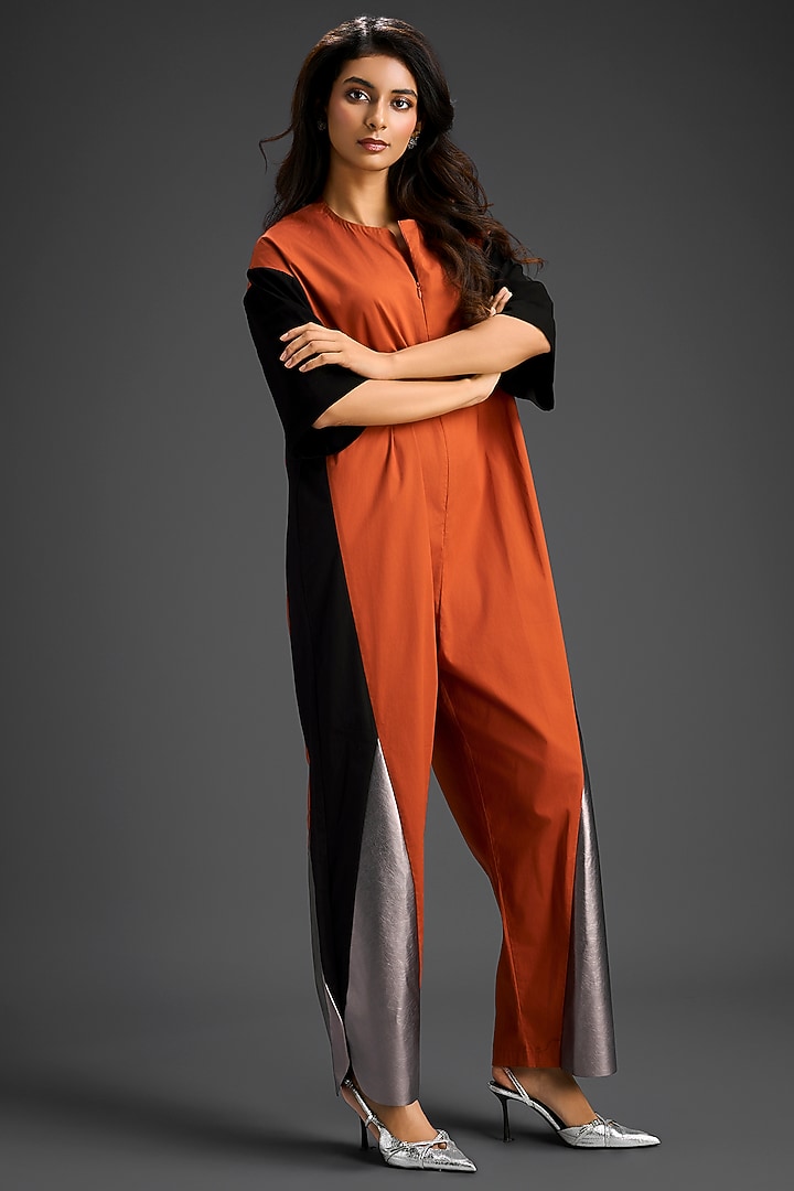 Rust Cotton Color-Blocked Jumpsuit by Deepika Arora at Pernia's Pop Up Shop