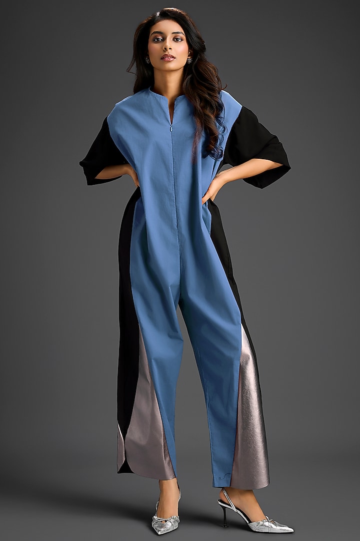 Blue Cotton Color-Blocked Jumpsuit by Deepika Arora at Pernia's Pop Up Shop