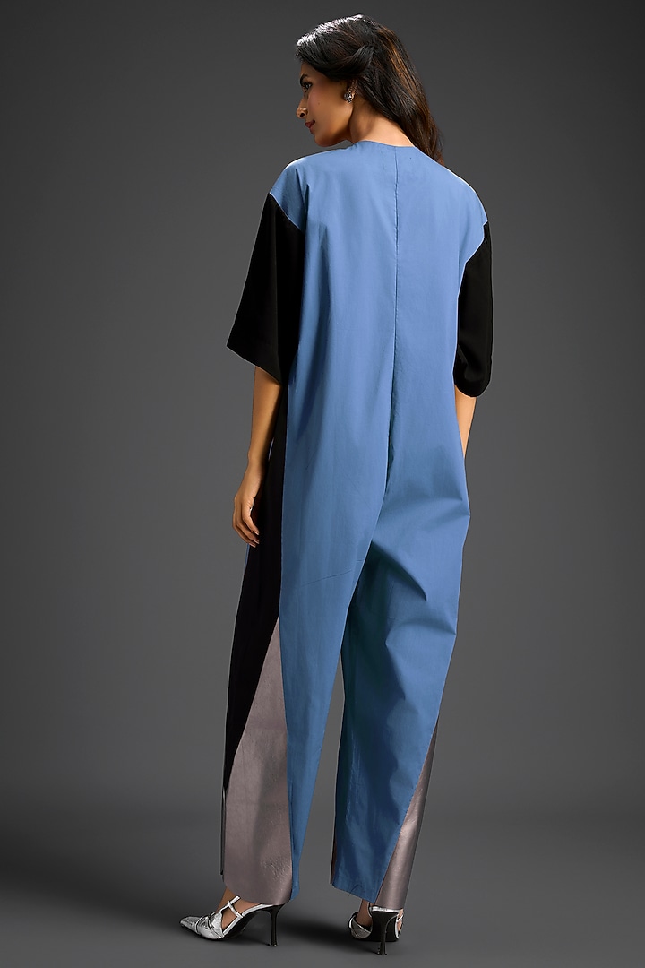 Blue Cotton Color-Blocked Jumpsuit by Deepika Arora at Pernia's Pop Up Shop