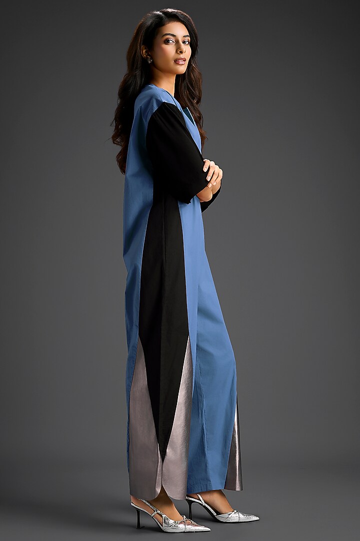 Blue Cotton Color-Blocked Jumpsuit by Deepika Arora at Pernia's Pop Up Shop