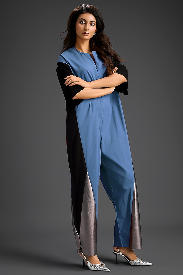 Blue Cotton Color-Blocked Jumpsuit by Deepika Arora at Pernia's Pop Up Shop