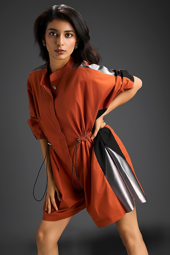 Rust Cotton Shirt Romper by Deepika Arora at Pernia's Pop Up Shop
