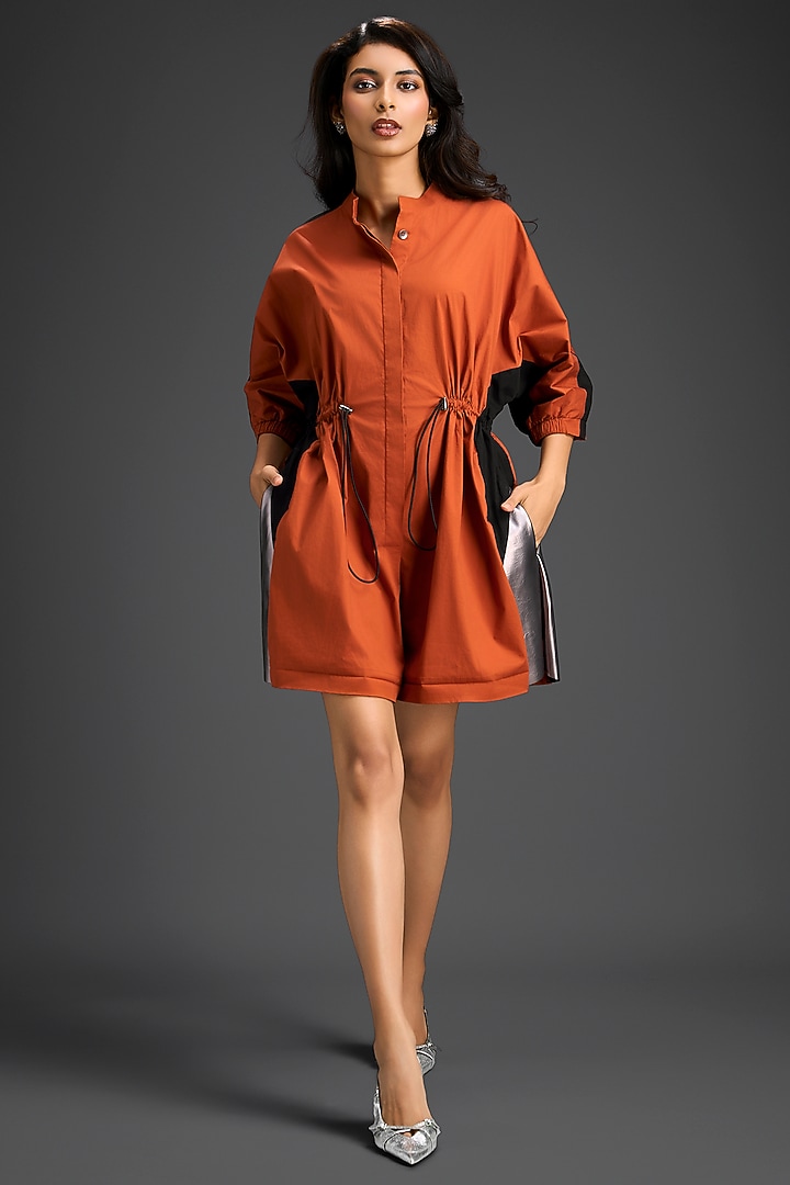 Rust Cotton Shirt Romper by Deepika Arora at Pernia's Pop Up Shop