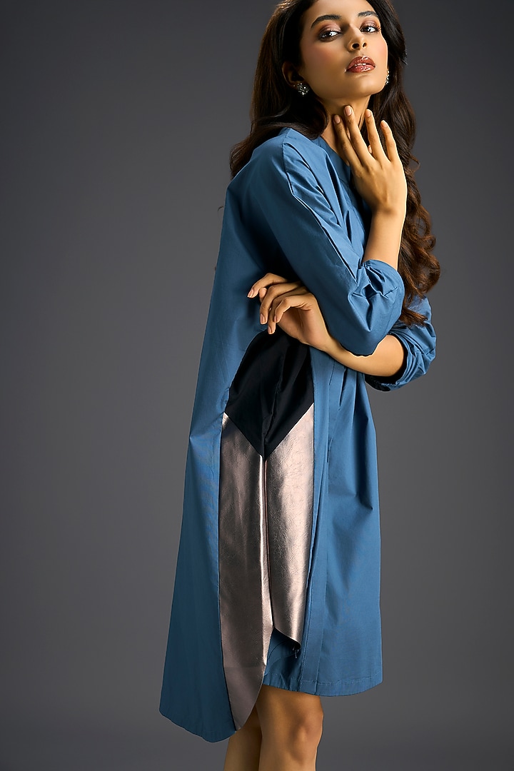 Blue Cotton Color-Blocked Summer Shirt Dress by Deepika Arora at Pernia's Pop Up Shop