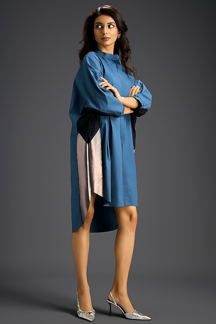 Blue Cotton Color-Blocked Summer Shirt Dress by Deepika Arora at Pernia's Pop Up Shop