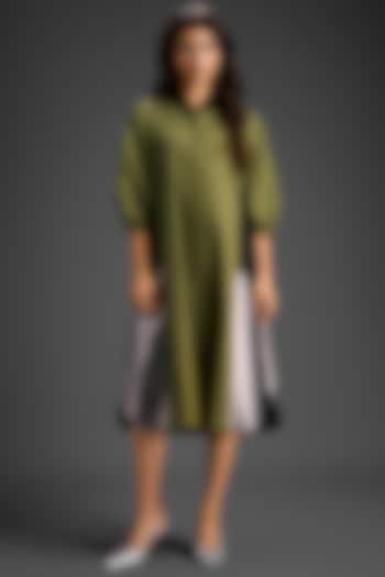 Olive Green Cotton Color-Blocked Summer Shirt Dress by Deepika Arora at Pernia's Pop Up Shop