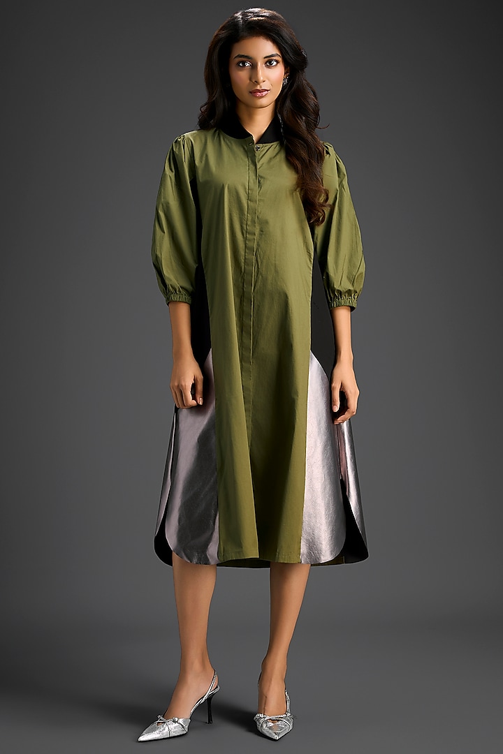 Olive Green Cotton Color-Blocked Summer Shirt Dress by Deepika Arora at Pernia's Pop Up Shop