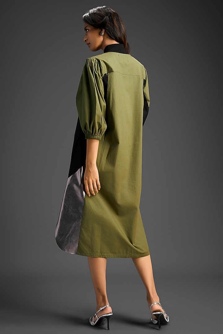 Olive Green Cotton Color-Blocked Summer Shirt Dress by Deepika Arora at Pernia's Pop Up Shop