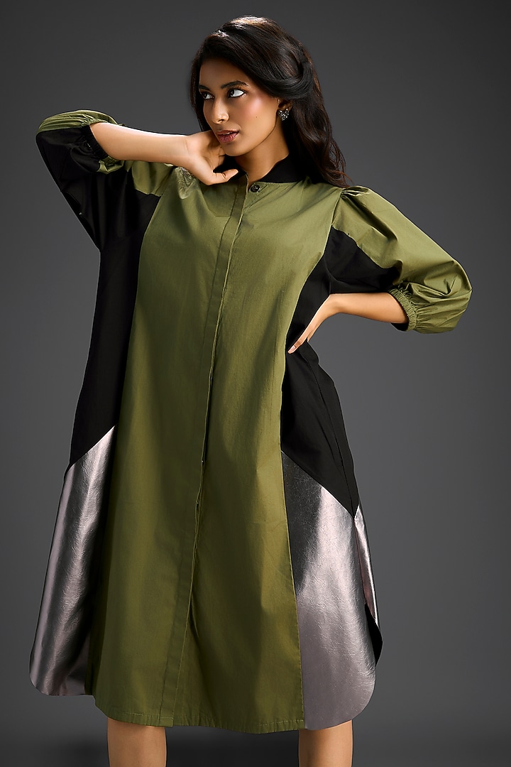 Olive Green Cotton Color-Blocked Summer Shirt Dress by Deepika Arora at Pernia's Pop Up Shop