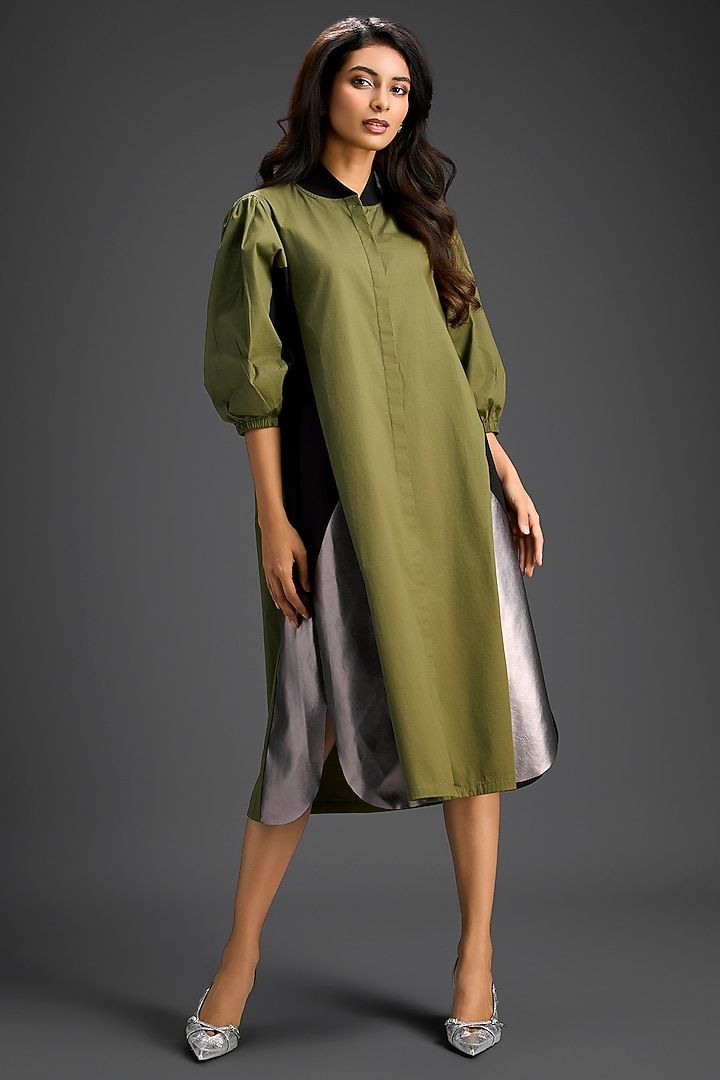Olive Green Cotton Color-Blocked Summer Shirt Dress by Deepika Arora at Pernia's Pop Up Shop