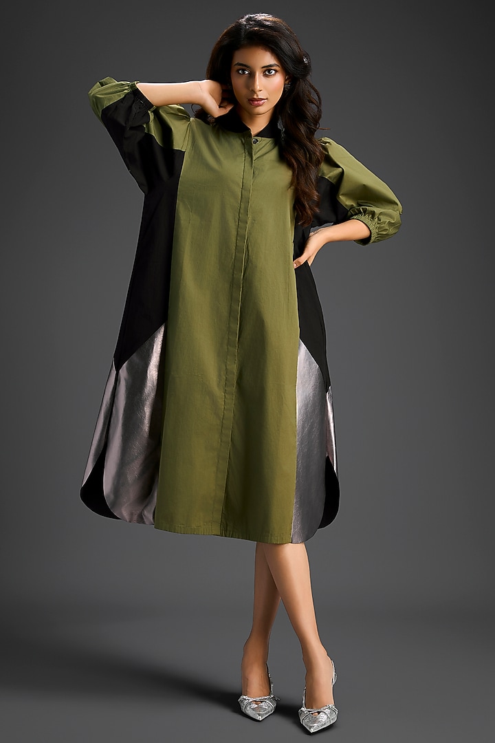 Olive Green Cotton Color-Blocked Summer Shirt Dress by Deepika Arora at Pernia's Pop Up Shop