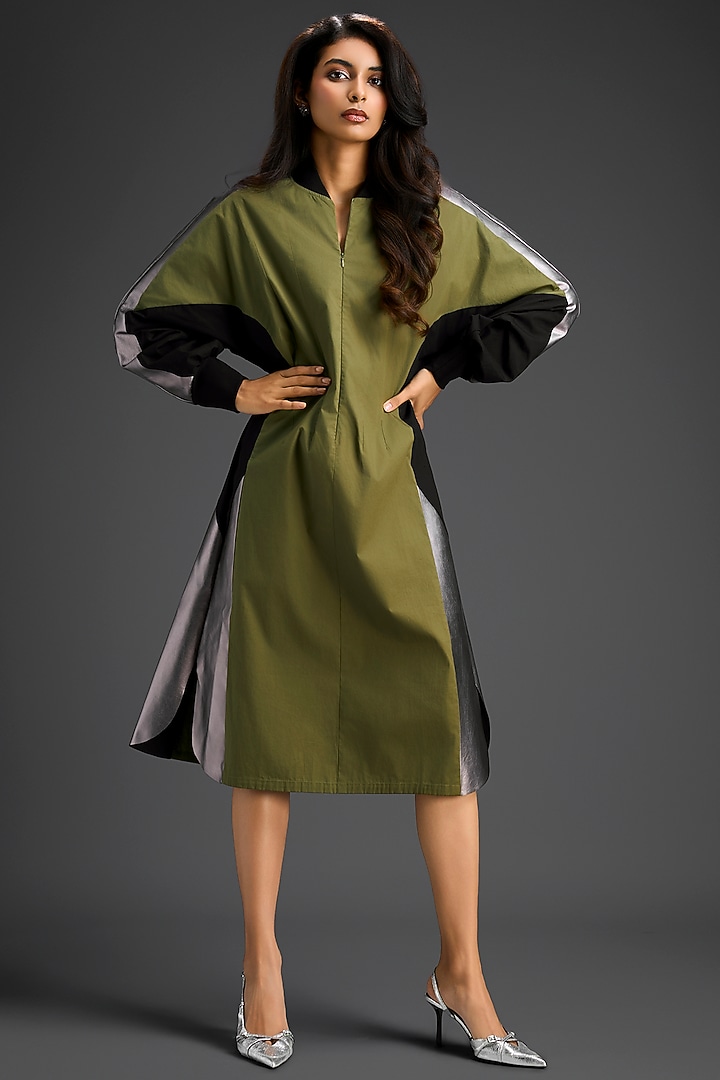 Green Cotton Color-Blocked Midi Summer Dress by Deepika Arora at Pernia's Pop Up Shop