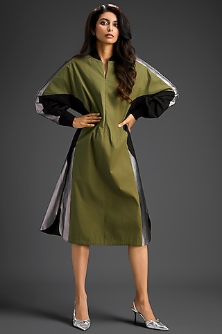 Green Cotton Color-Blocked Midi Dress by Deepika Arora