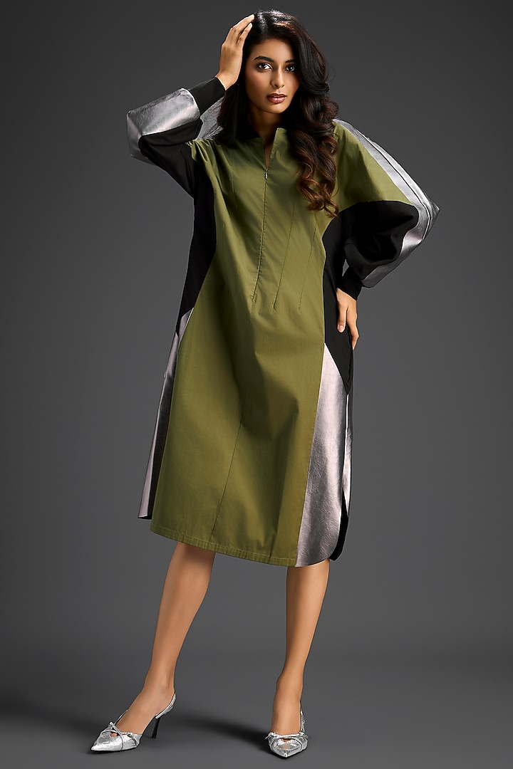 Green Cotton Color-Blocked Midi Summer Dress by Deepika Arora at Pernia's Pop Up Shop