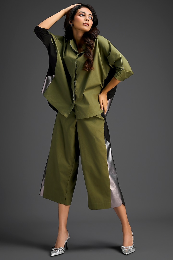 Olive Green Cotton Color-Blocked Co-ord Set by Deepika Arora at Pernia's Pop Up Shop
