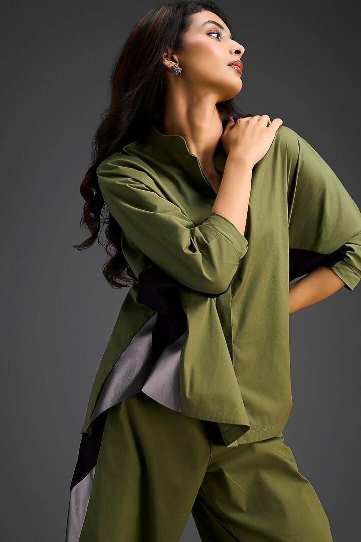 Olive Green Cotton Color-Blocked Co-ord Set by Deepika Arora at Pernia's Pop Up Shop