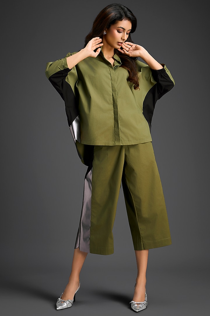 Olive Green Cotton Color-Blocked Co-ord Set by Deepika Arora at Pernia's Pop Up Shop