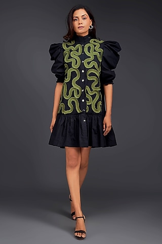 Black Cotton Gathered Dress by Deepika Arora