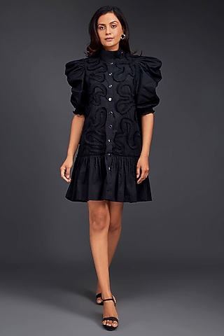 Black Cotton Gathered Dress by Deepika Arora
