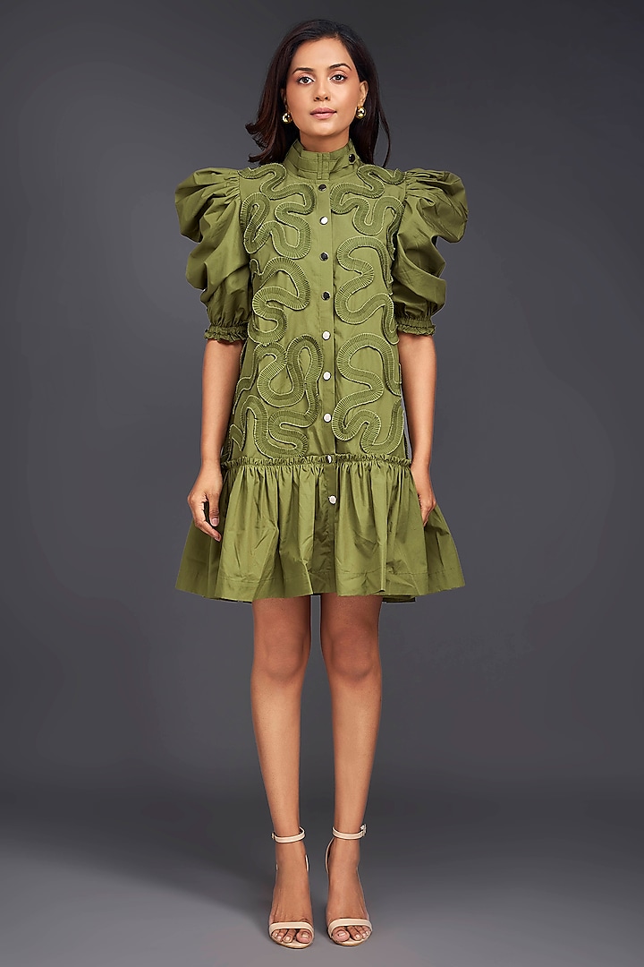 Green Cotton Gathered Dress by Deepika Arora at Pernia's Pop Up Shop