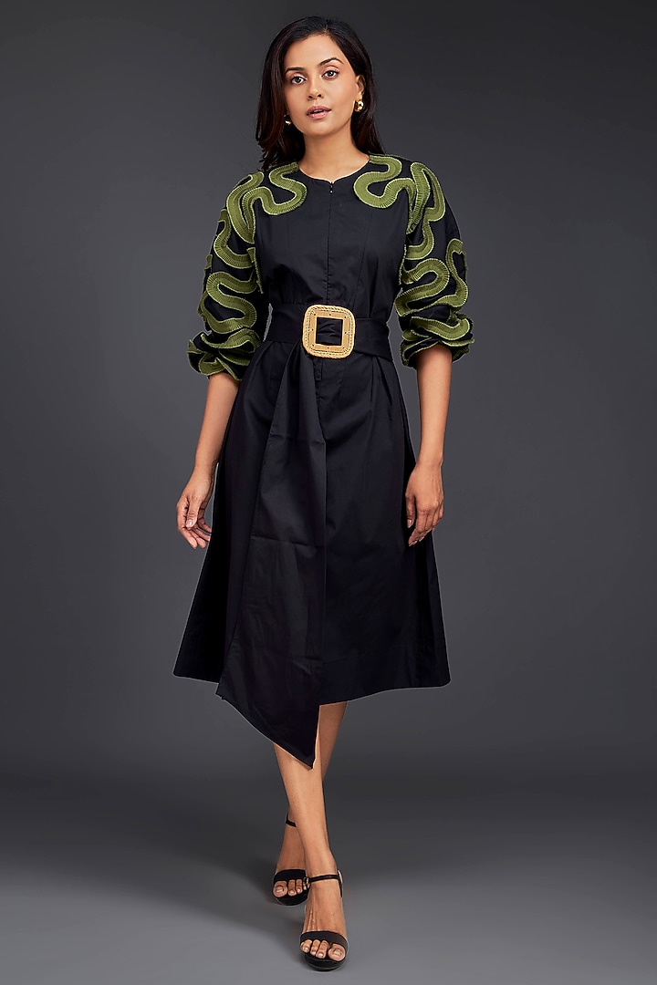 Black Cotton Gathered Midi Summer Dress With Belt by Deepika Arora at Pernia's Pop Up Shop