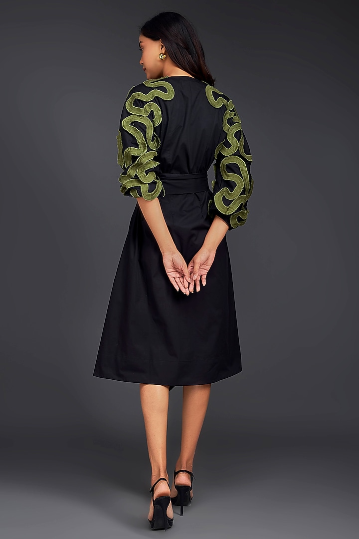 Black Cotton Gathered Midi Summer Dress With Belt by Deepika Arora at Pernia's Pop Up Shop