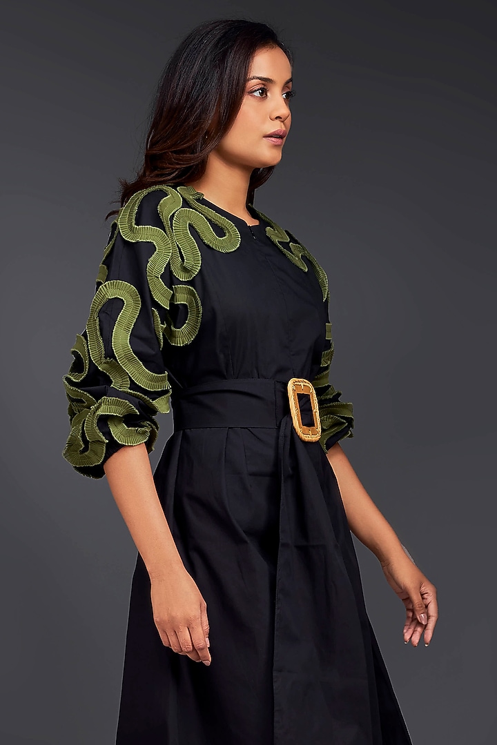 Black Cotton Gathered Midi Summer Dress With Belt by Deepika Arora at Pernia's Pop Up Shop