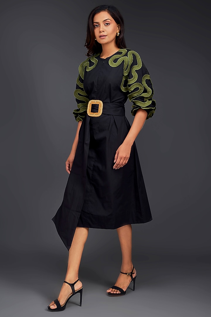 Black Cotton Gathered Midi Summer Dress With Belt by Deepika Arora at Pernia's Pop Up Shop