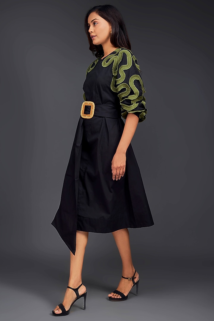 Black Cotton Gathered Midi Summer Dress With Belt by Deepika Arora at Pernia's Pop Up Shop