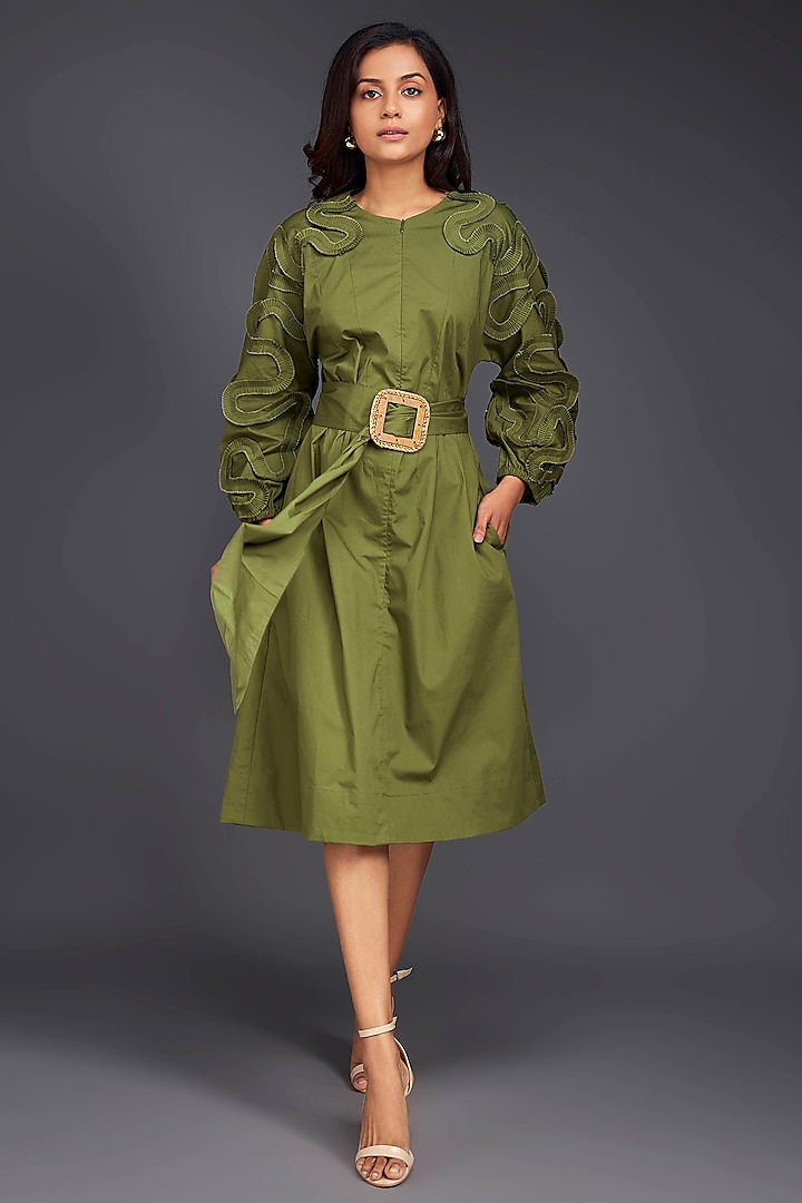 Green Cotton Gathered Midi Dress With Belt by Deepika Arora at Pernia's Pop Up Shop